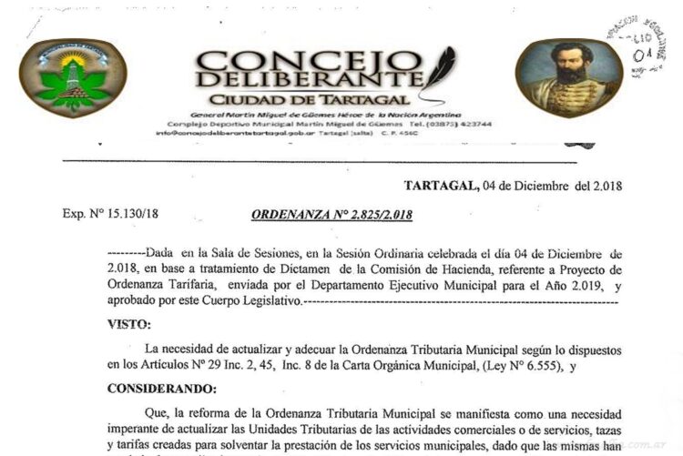 Tartagal: concejales tratarán hoy la Ordenanza Tarifaría para el Ejercicio Fiscal 2021