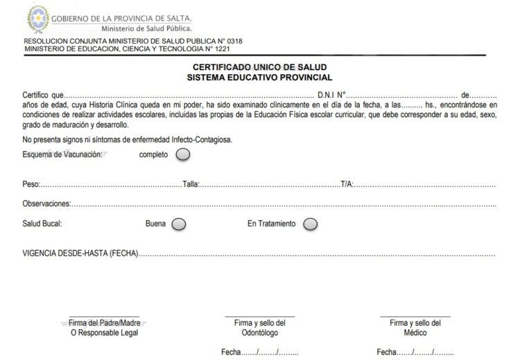 Salta: Salud y Educación articularán el otorgamiento de los certificados de salud para los alumnos