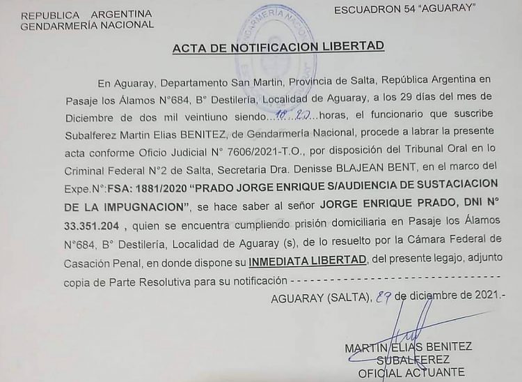 Causa GNEA: la Cámara de Casación Penal revocó la prisión domiciliaria a Prado