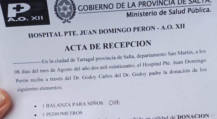 Tartagal: Hospital Zonal recibe en donación equipos del doctor Godoy para atención pediátrica